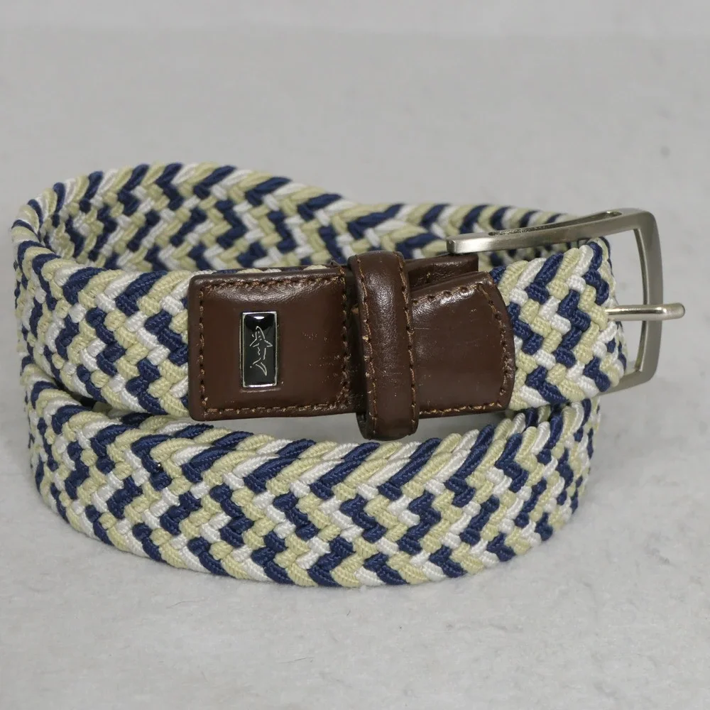 Greg Norman Mens Belt 42 Blue Tan Braided Stretch Nautical Preppy Coastal Yacht